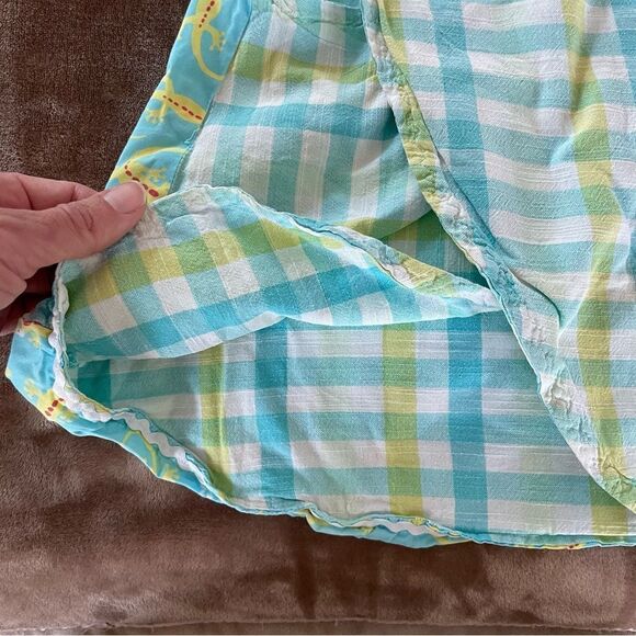 Handmade Little Girls Blue Cotton Crossover Tunic with Yellow Lizard Print Sz4-6 - Picture 6 of 10